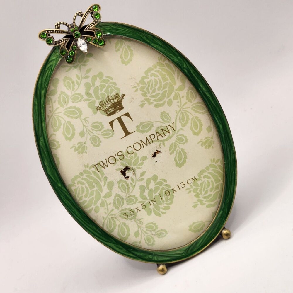 Two's Company Green Enameled Oval Picture Frame Jeweled Butterfly Accent